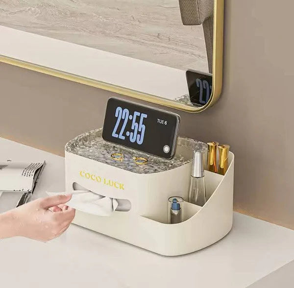 Modern Makeup Organizer With Tissue Box Stylish Cosmetic Display Desk Storage
