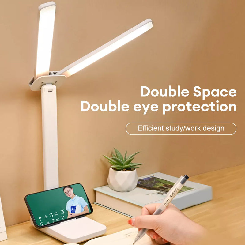 Double Head LED Table Lamp USB Rechargeable Touch Dimmable With Mobile Holder