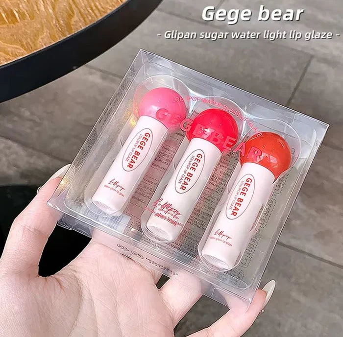 Gege Bear Lollipop Candy Water Lip Gloss 3Pcs Set