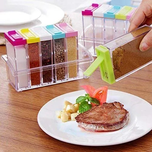 6Pcs Spice Jar Set Home Storage Container with Tray Rack