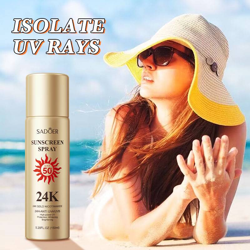 SADOER 24K Gold Sunscreen Spray SPF50+ PA+++ Nicotinamide 24H-Anti UVA/UVB High Protection Whitening Spray 150ml