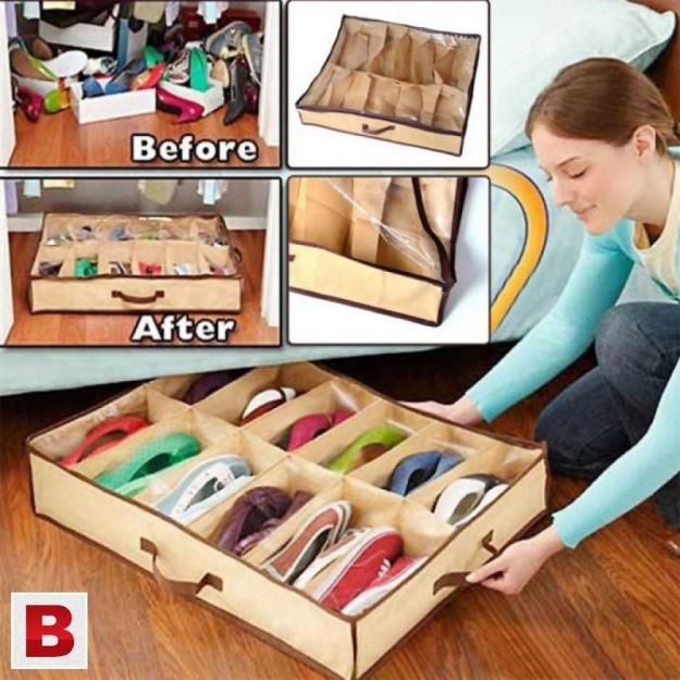 12 cell Under Bed Shoe Organizer Storage Holder Shoes Storage Box Best Quality