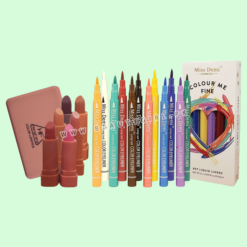 12PCS Miss Demi Matte Color Eyeliner & Mini Lipsticks by HengFang Nude Edition (Pack of 6Pcs)