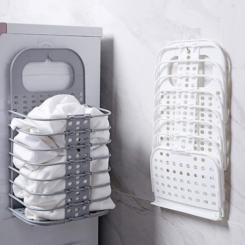 Folding Laundry Basket Wall Hanging Clothes Storage Bathroom Organizer
