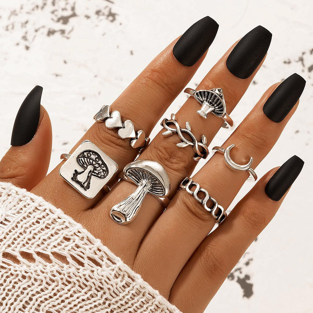 Fashion Jewelry 7 Pcs Mushroom Style Silver Antique Ring
